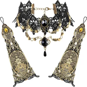Ramede 3 Pcs Halloween Steampunk Lace Choker Necklace Gothic Fingerless Lace Gloves Black Lace Neck Chain Collar Cosplay Length Finger Gloves Vampire Accessories for Women Party Decoration Costume