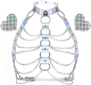 Rave Hologram Body Chest Harness Cage Bra Choker Chain Belts Body Costume with Pasties for Music Festival Roleplay Clubwear