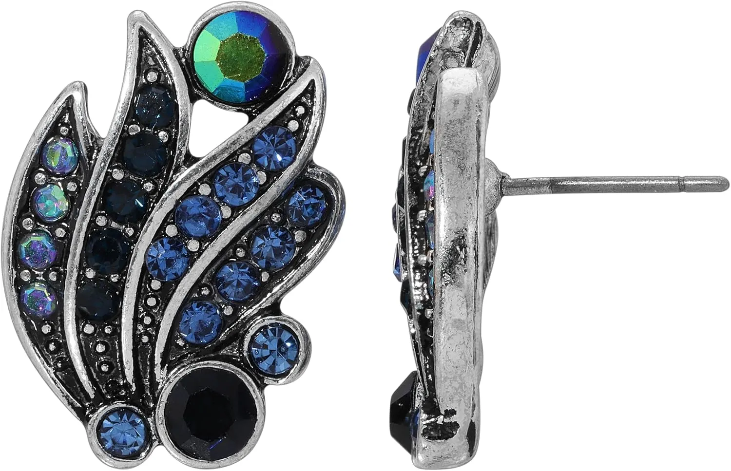 Regency Giovane Iridescent AB Crystal & Blue Stone Post Earrings, Victorian Romanticism Era Inspired Classic Jewelry For Women