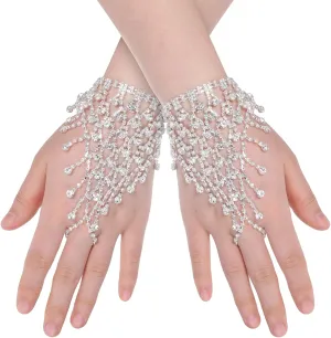 Rhinestone Fingerless Gloves Silver Glitter Gloves Crystal Wedding Short Glove Tassel Gloves Party Prom Hand Chain Accessories Adjustable Hand Jewelry for Women