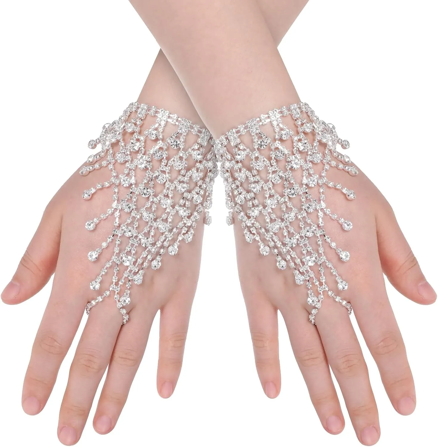 Rhinestone Fingerless Gloves Silver Glitter Gloves Crystal Wedding Short Glove Tassel Gloves Party Prom Hand Chain Accessories Adjustable Hand Jewelry for Women