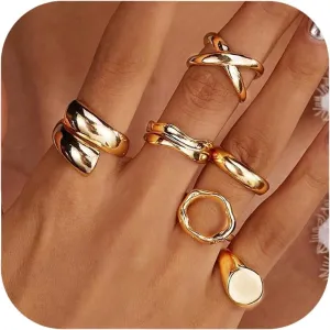 RINHOO Gold Chunky Rings Set for Women Braided Twisted Round Rings Adjustable Stackable Open Rings Band Statement Jewelry
