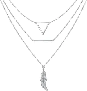 S925 Sterling Silver Feather Layered Necklaces for Women 14" 16" 18" 2"