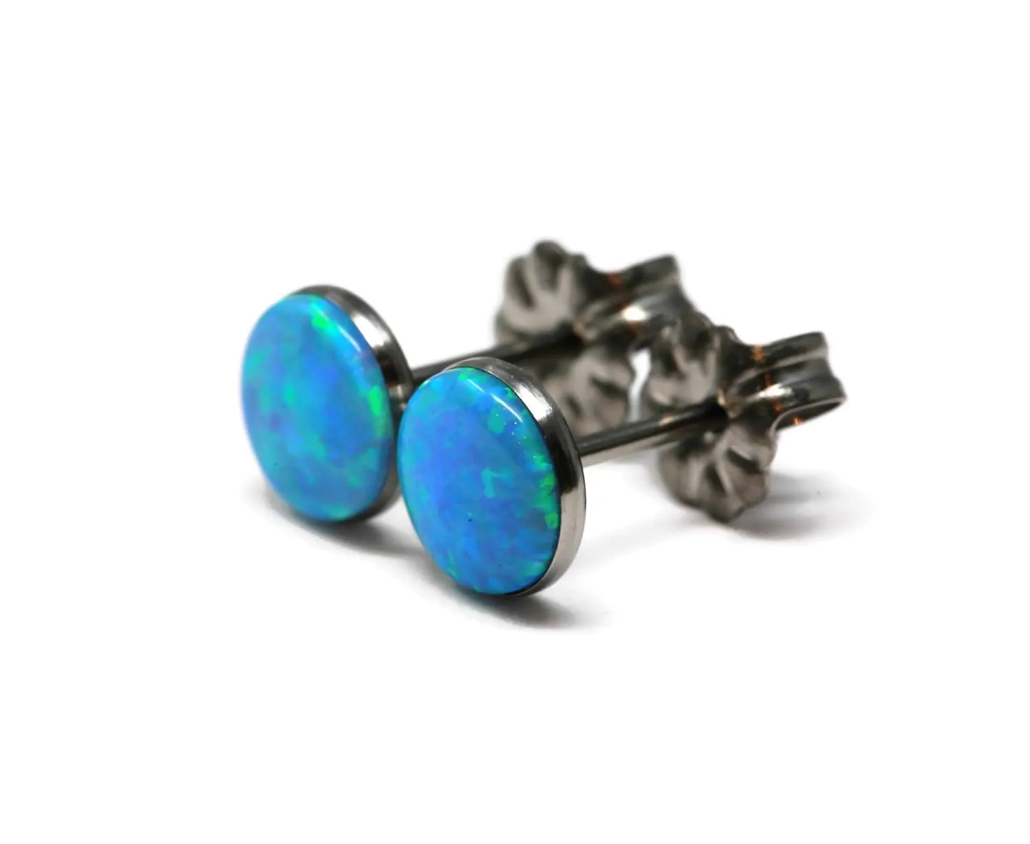 Salish Sea Inspirations Handmade Simulated Opal Titanium Hypoallergenic Stud Earrings (6mm Light Blue)