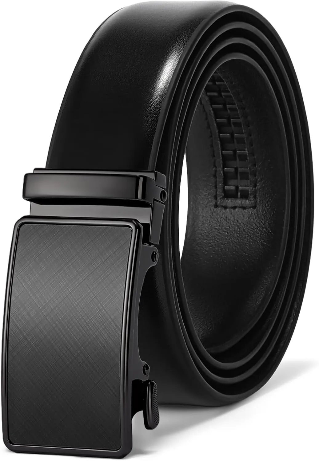 SENDEFN Men's Black Leather Belts Automatic Ratchet Buckle Belt Men for Dress Casual Trim to Fit with Gift Box