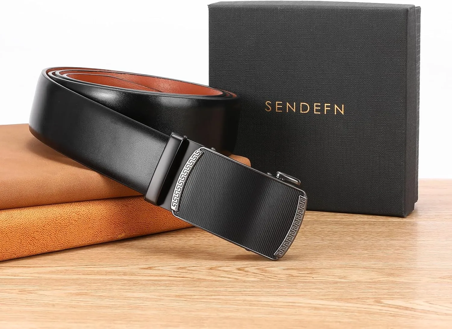 SENDEFN Men's Black Leather Belts Automatic Ratchet Buckle Belt Men for Dress Casual Trim to Fit with Gift Box