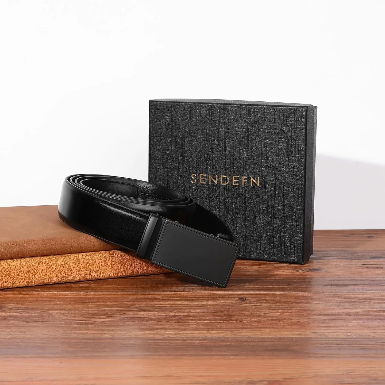 SENDEFN Men's Black Leather Belts Automatic Ratchet Buckle Belt Men for Dress Casual Trim to Fit with Gift Box