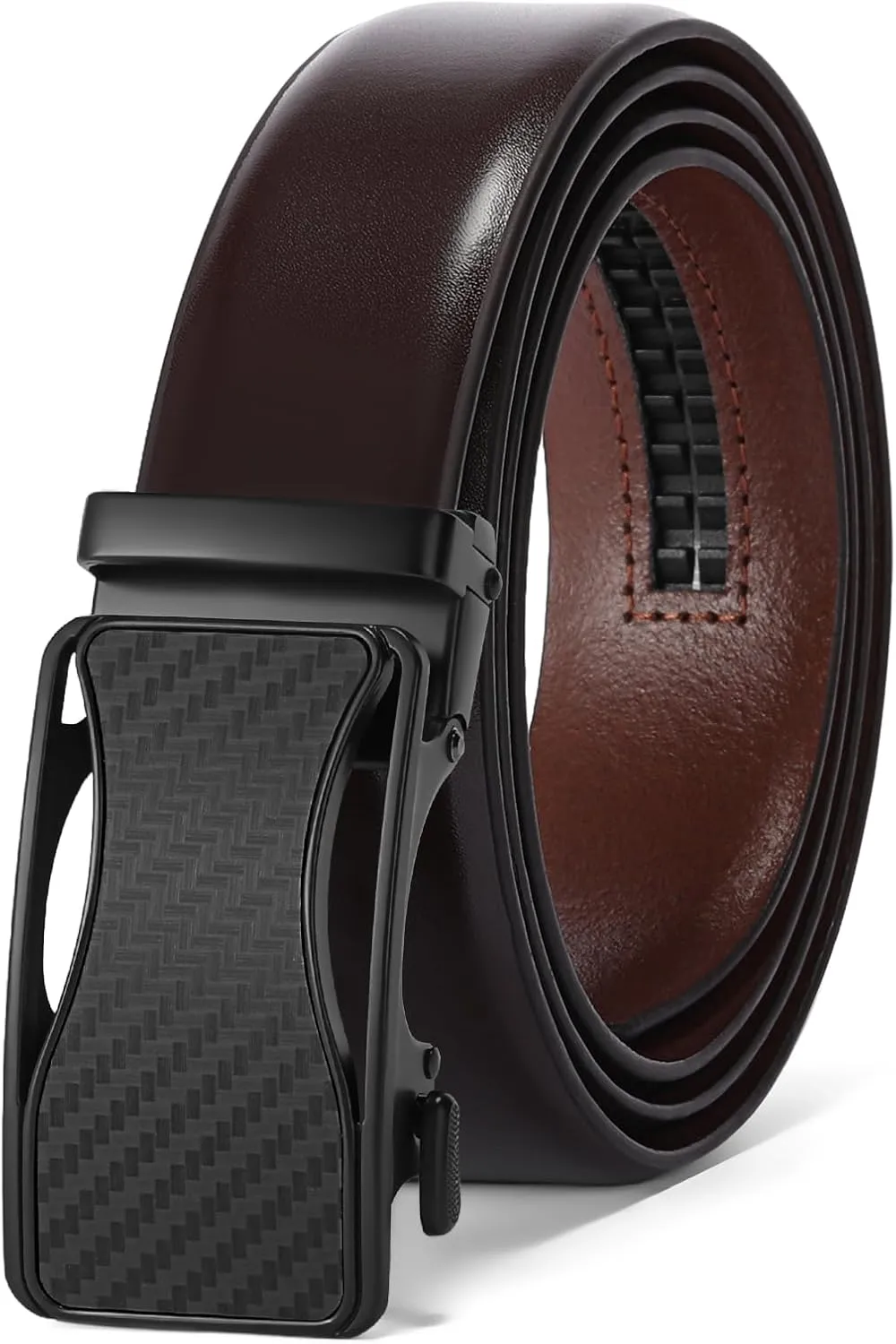 SENDEFN Men's Black Leather Belts Automatic Ratchet Buckle Belt Men for Dress Casual Trim to Fit with Gift Box