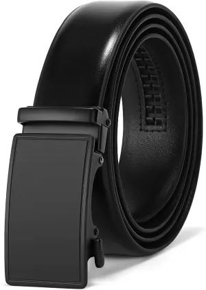 SENDEFN Men's Black Leather Belts Automatic Ratchet Buckle Belt Men for Dress Casual Trim to Fit with Gift Box