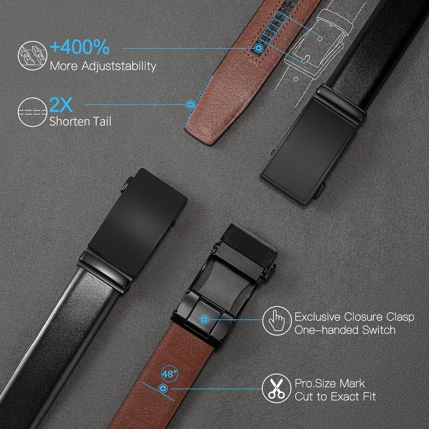SENDEFN Men's Black Leather Belts Automatic Ratchet Buckle Belt Men for Dress Casual Trim to Fit with Gift Box