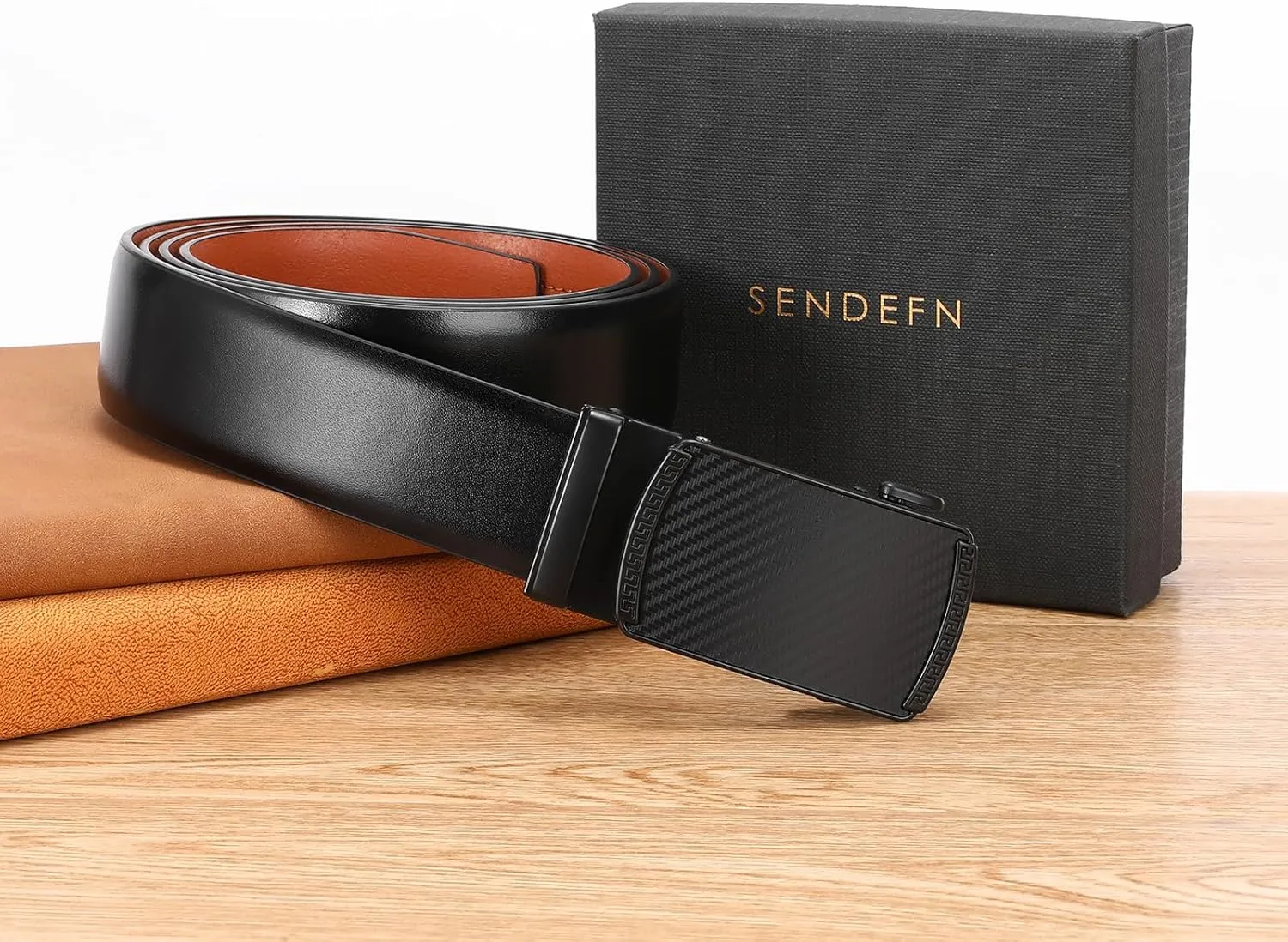 SENDEFN Men's Black Leather Belts Automatic Ratchet Buckle Belt Men for Dress Casual Trim to Fit with Gift Box
