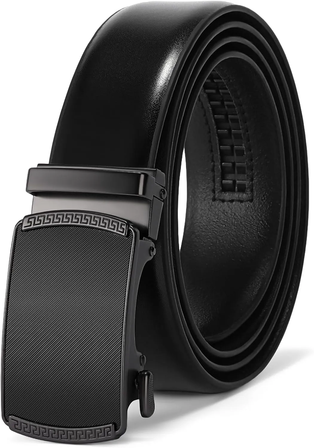SENDEFN Men's Black Leather Belts Automatic Ratchet Buckle Belt Men for Dress Casual Trim to Fit with Gift Box