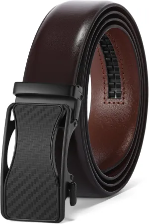 SENDEFN Men's Black Leather Belts Automatic Ratchet Buckle Belt Men for Dress Casual Trim to Fit with Gift Box