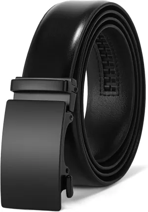 SENDEFN Men's Black Leather Belts Automatic Ratchet Buckle Belt Men for Dress Casual Trim to Fit with Gift Box