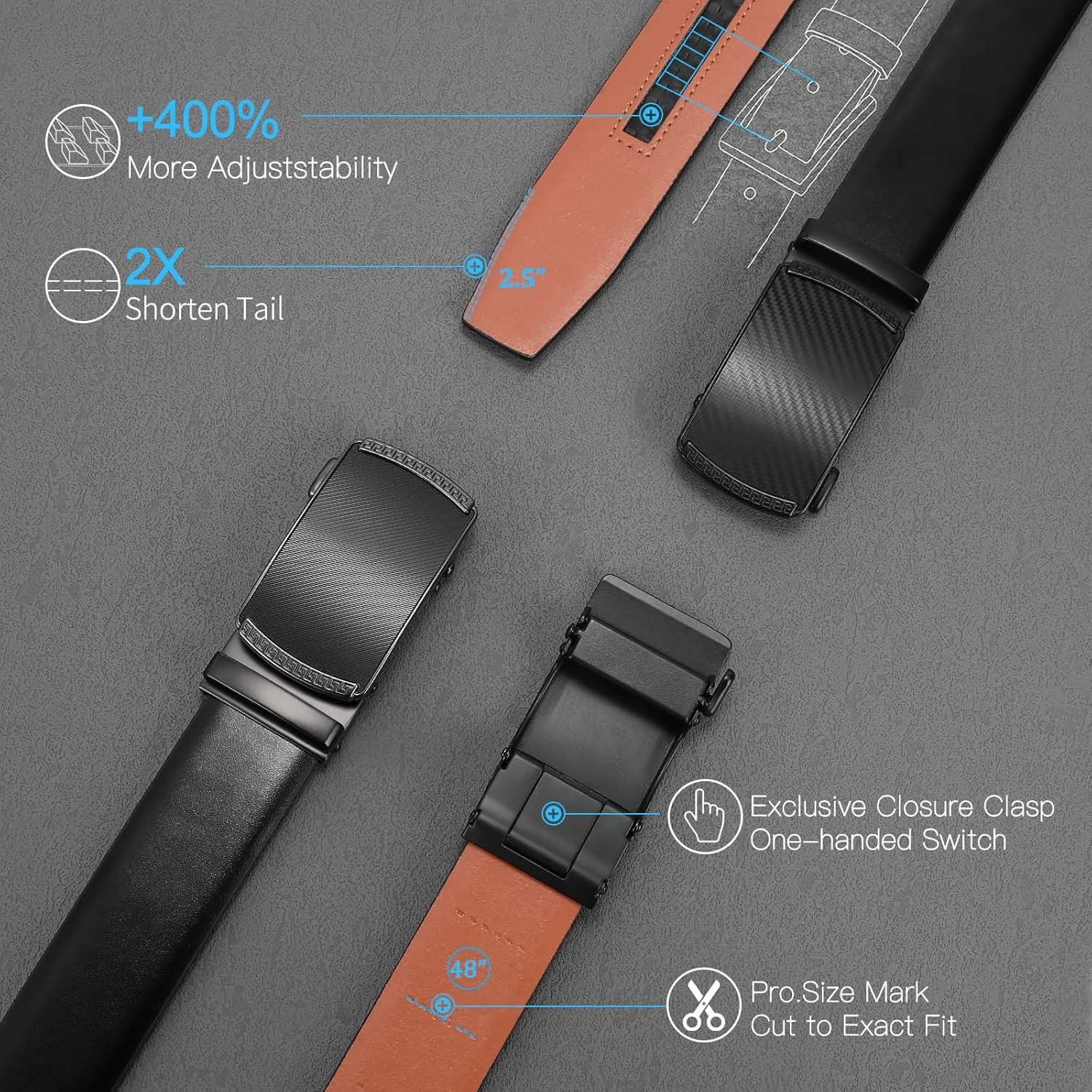 SENDEFN Men's Black Leather Belts Automatic Ratchet Buckle Belt Men for Dress Casual Trim to Fit with Gift Box