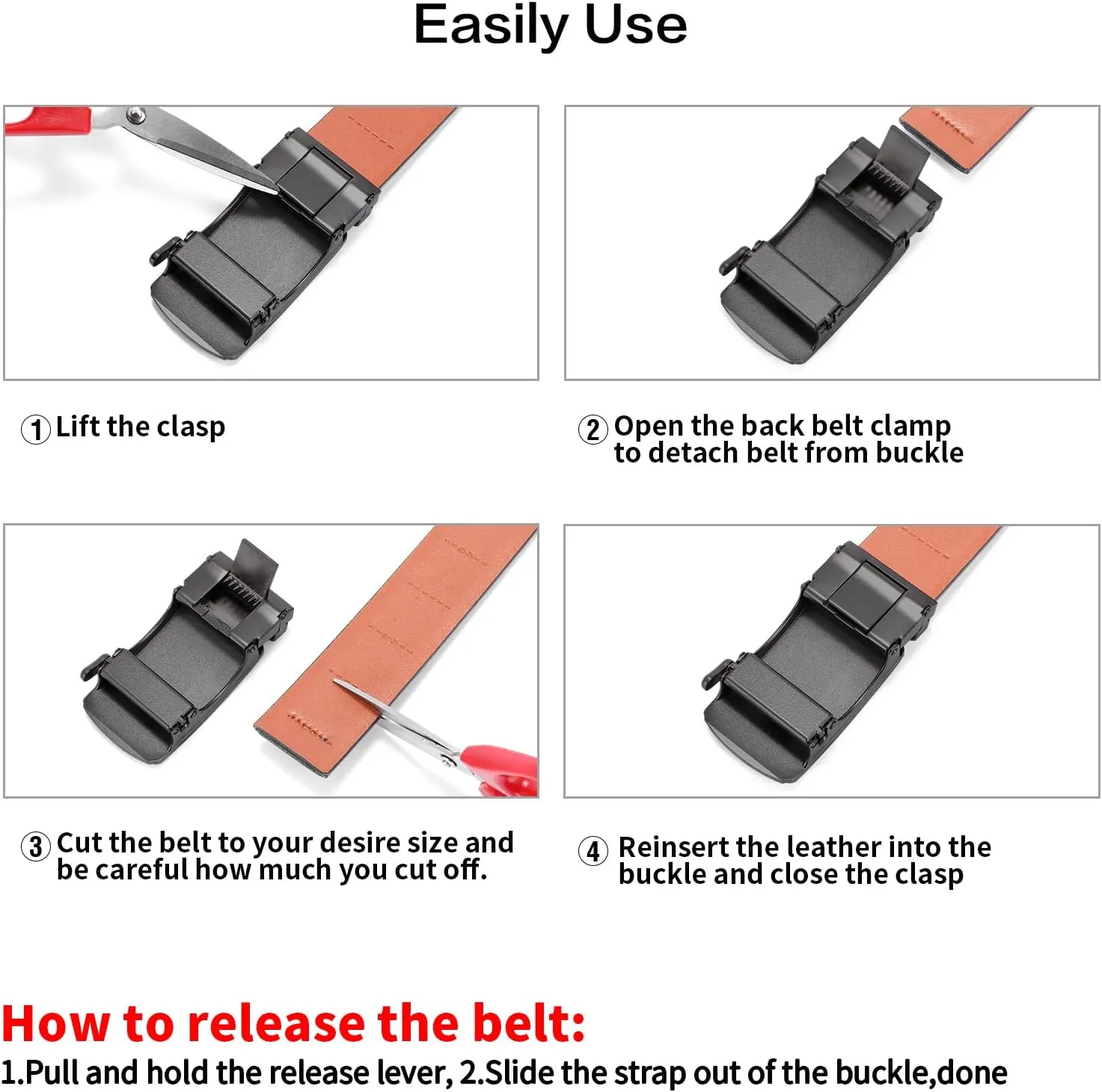SENDEFN Men's Black Leather Belts Automatic Ratchet Buckle Belt Men for Dress Casual Trim to Fit with Gift Box