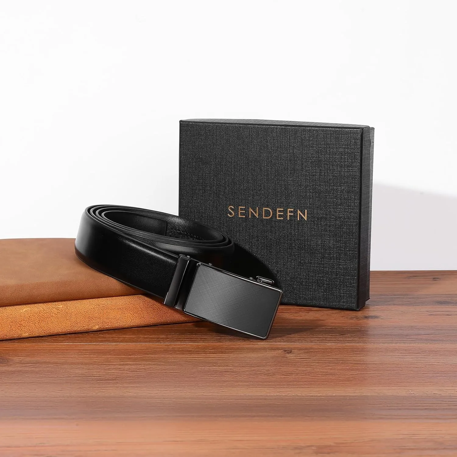 SENDEFN Men's Black Leather Belts Automatic Ratchet Buckle Belt Men for Dress Casual Trim to Fit with Gift Box