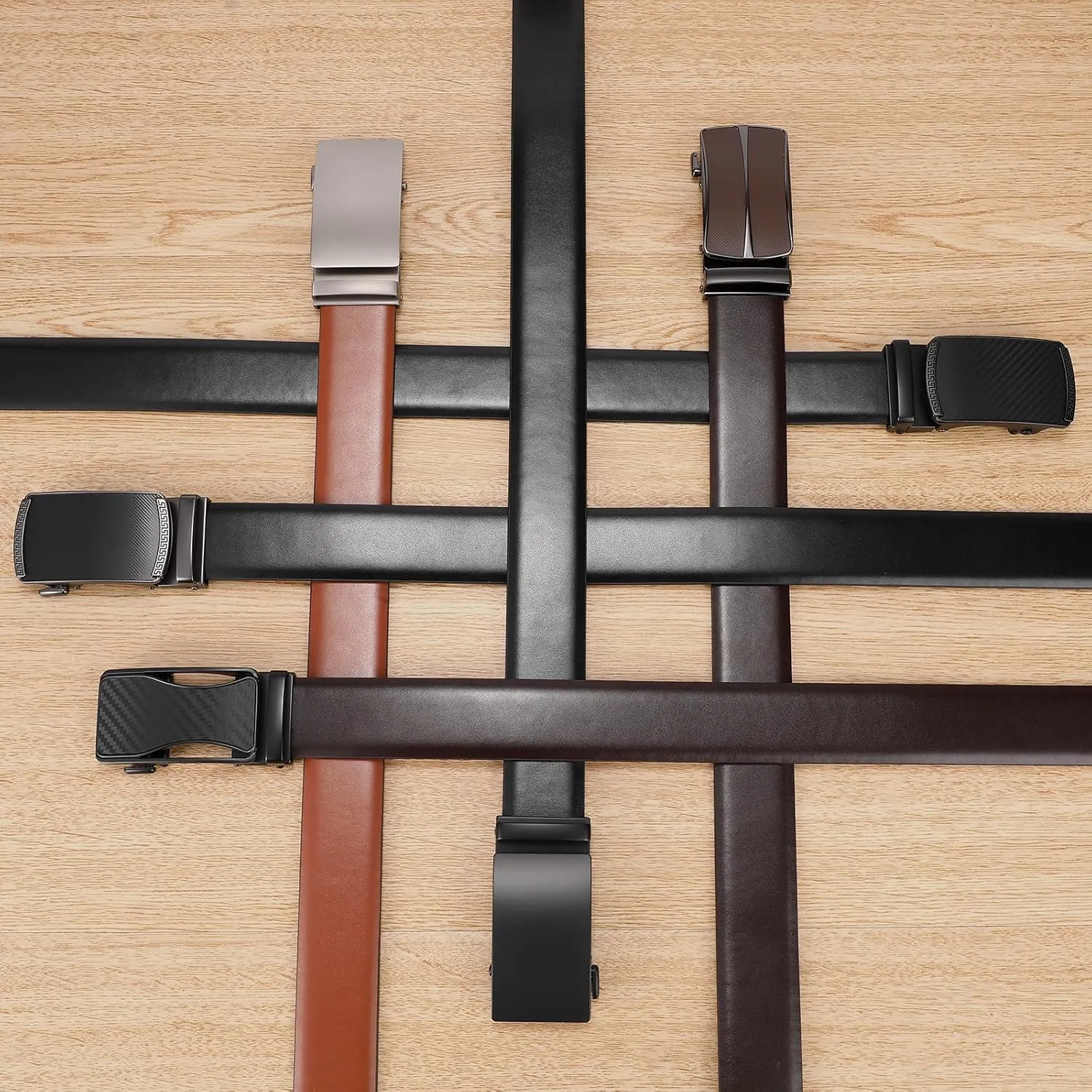 SENDEFN Men's Black Leather Belts Automatic Ratchet Buckle Belt Men for Dress Casual Trim to Fit with Gift Box