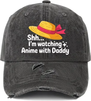 Shh Im Watching Anime with Daddy First Fathers Day Hat for Mens Baseball Caps Cool Washed Running Hats Breathable