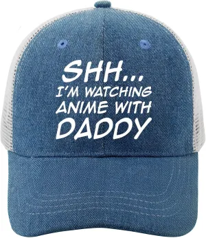 Shh Im Watching Anime with Daddy First Fathers Day Hat for Women Baseball Cap Vintage Washed