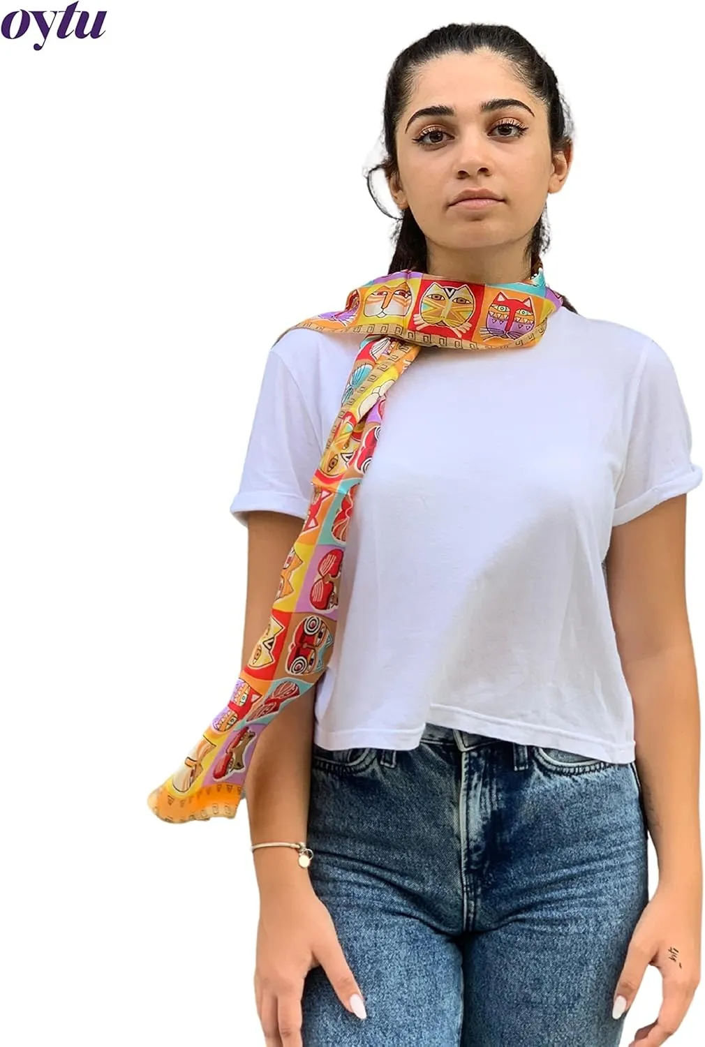 Silk Scarves Women's0 Mulberry Silk Scarves Pure Silk Long Cat Printed Scarf Head Scarf Headbands Scarves Art Print