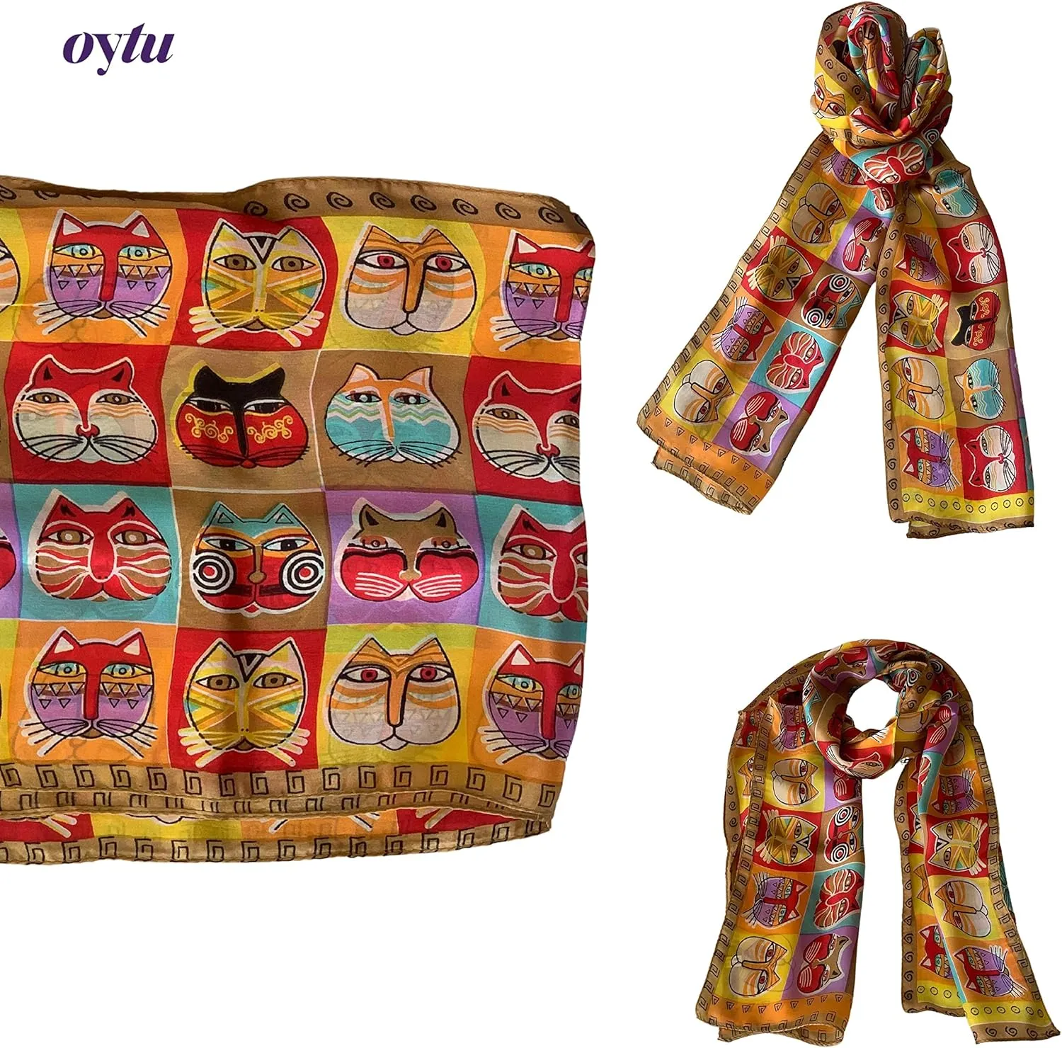 Silk Scarves Women's0 Mulberry Silk Scarves Pure Silk Long Cat Printed Scarf Head Scarf Headbands Scarves Art Print