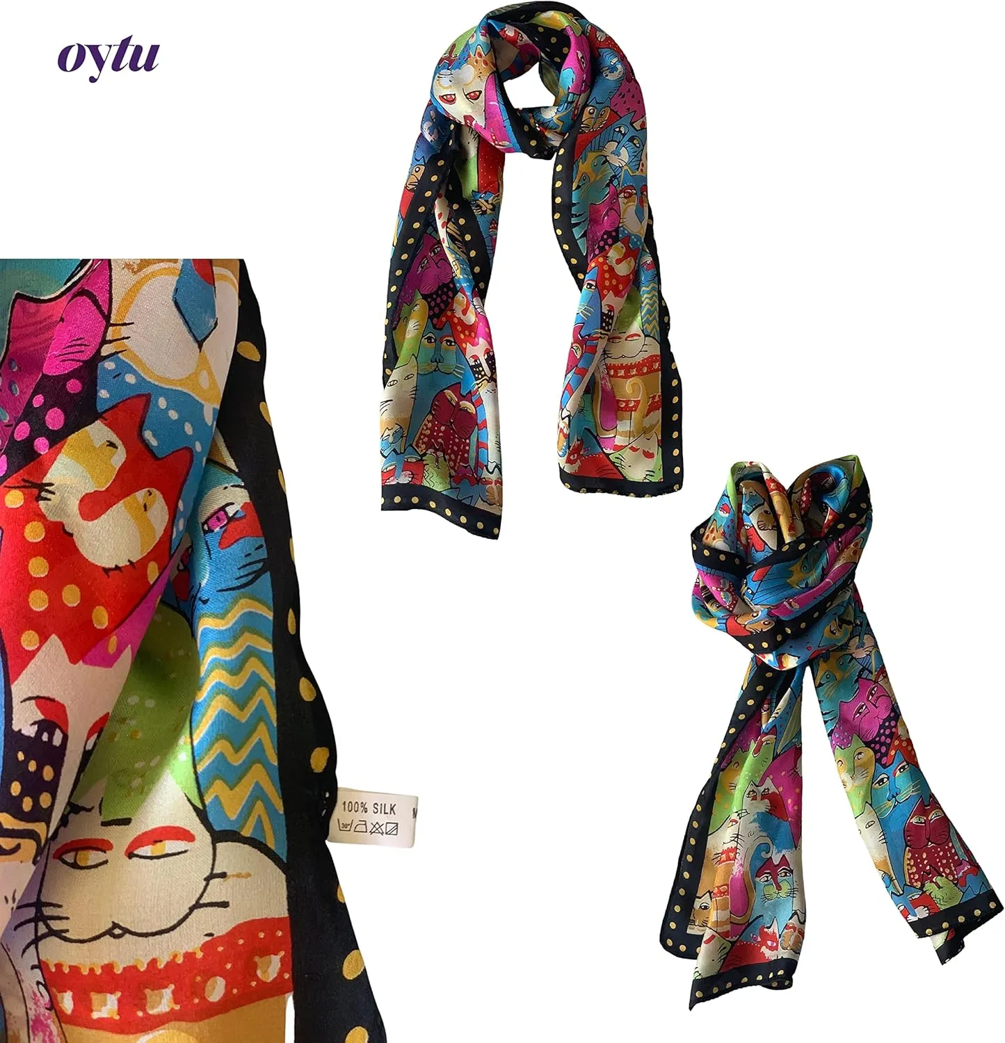 Silk Scarves Women's0 Mulberry Silk Scarves Pure Silk Long Cat Printed Scarf Head Scarf Headbands Scarves Art Print