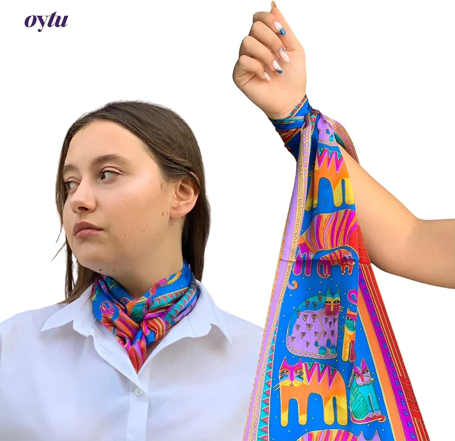 Silk Scarves Women's0 Mulberry Silk Scarves Pure Silk Long Cat Printed Scarf Head Scarf Headbands Scarves Art Print