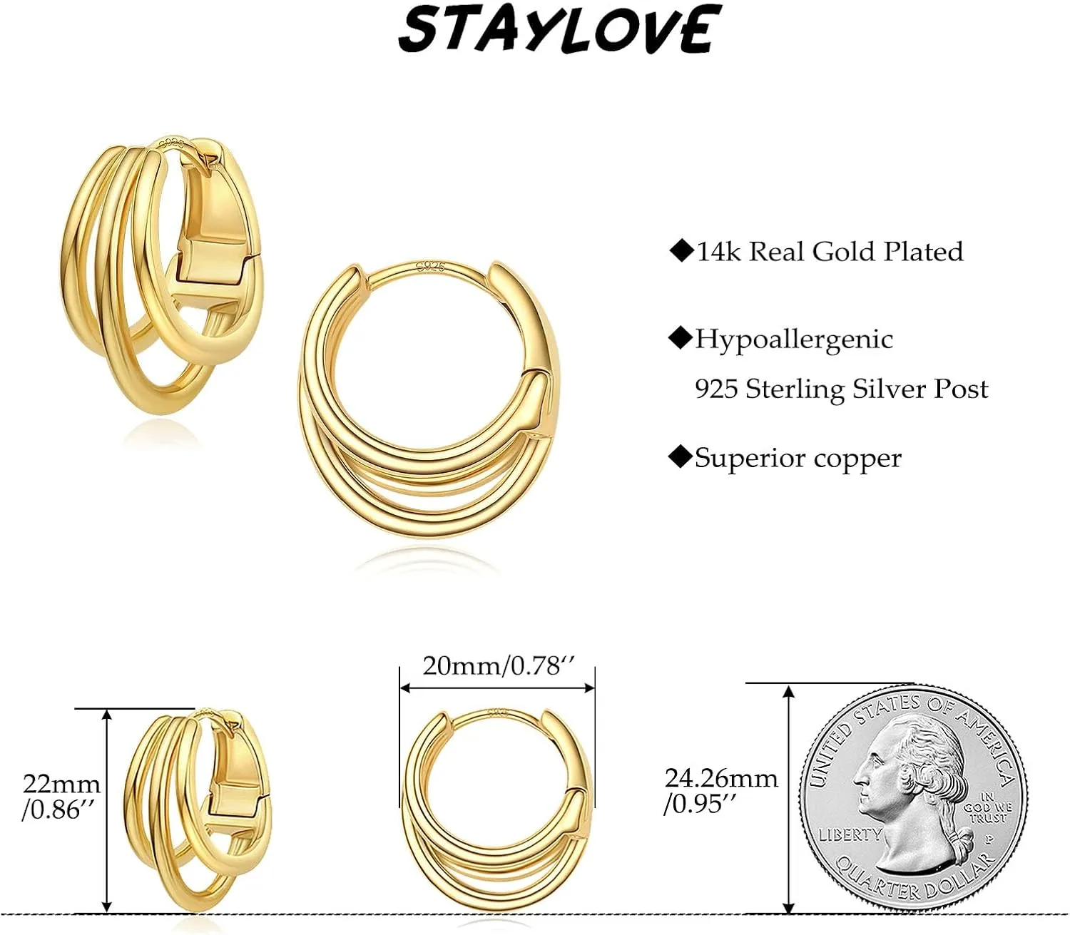 Small Chunky Gold Hoop Earrings for Women Hypoallergenic 925 Sterling Silver Post Lightweight 14k Gold Plated Thick Hoop Earrings for Women