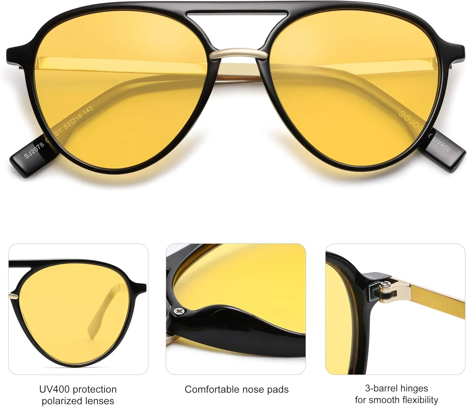 SOJOS Retro Aviator Polarized Sunglasses for Women Men Double Bridge Ladies Shades