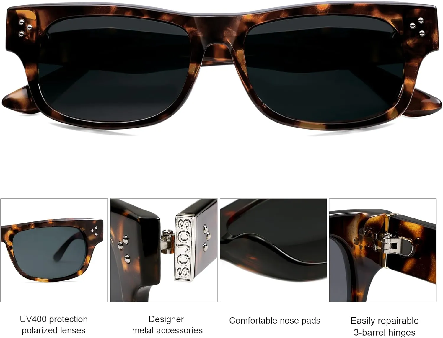 SOJOS Retro Rectangle Polarized Sunglasses for Women Men Vintage Shades UV400 Protection Sunnies SJ2338