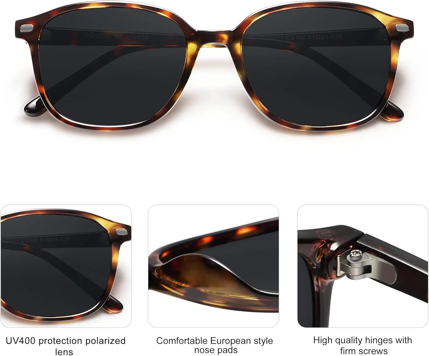 SOJOS Retro Square Polarized Sunglasses for Women Men Trendy Classic UV Protection Unisex Sunnies SJ2171