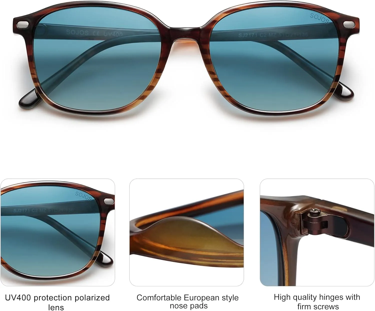 SOJOS Retro Square Polarized Sunglasses for Women Men Trendy Classic UV Protection Unisex Sunnies SJ2171