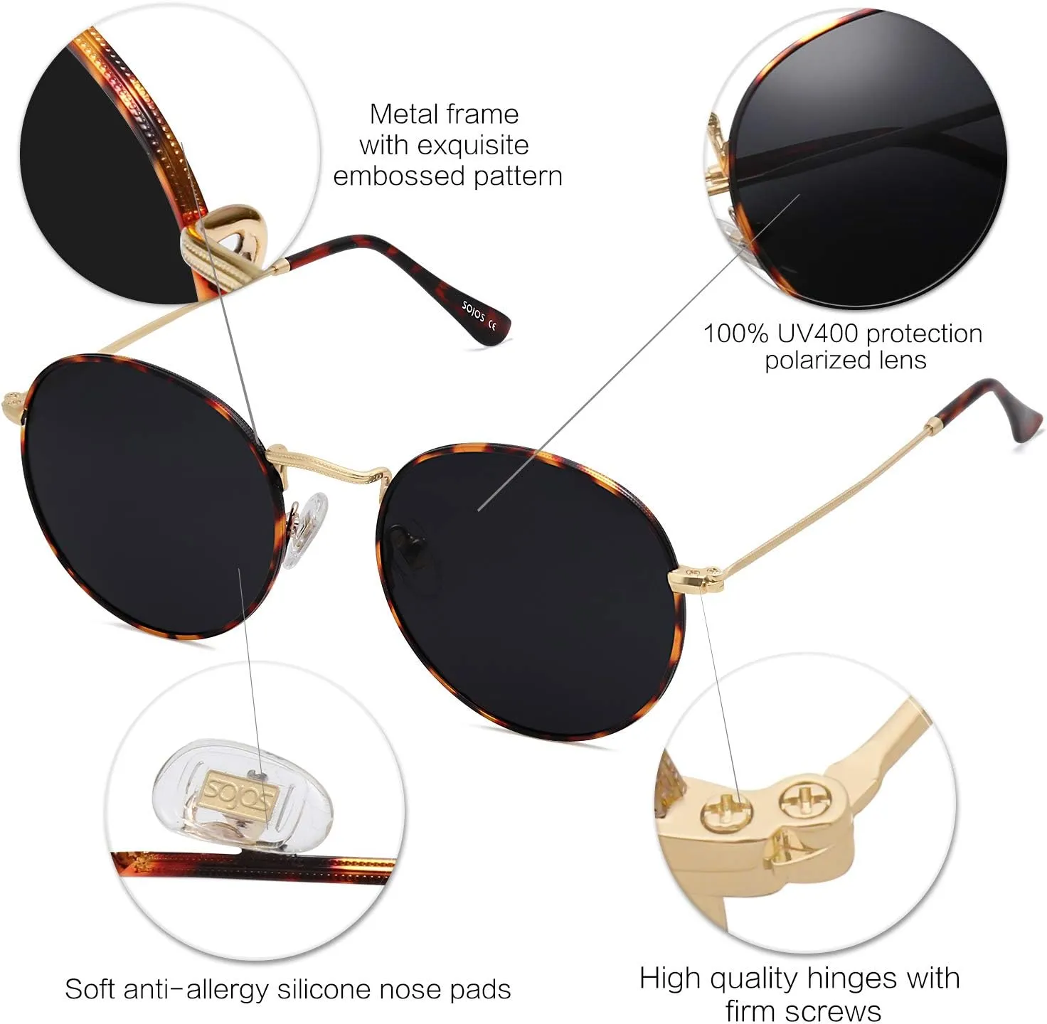 SOJOS Small Round Polarized Sunglasses for Women Men Classic Vintage Retro Shades UV400