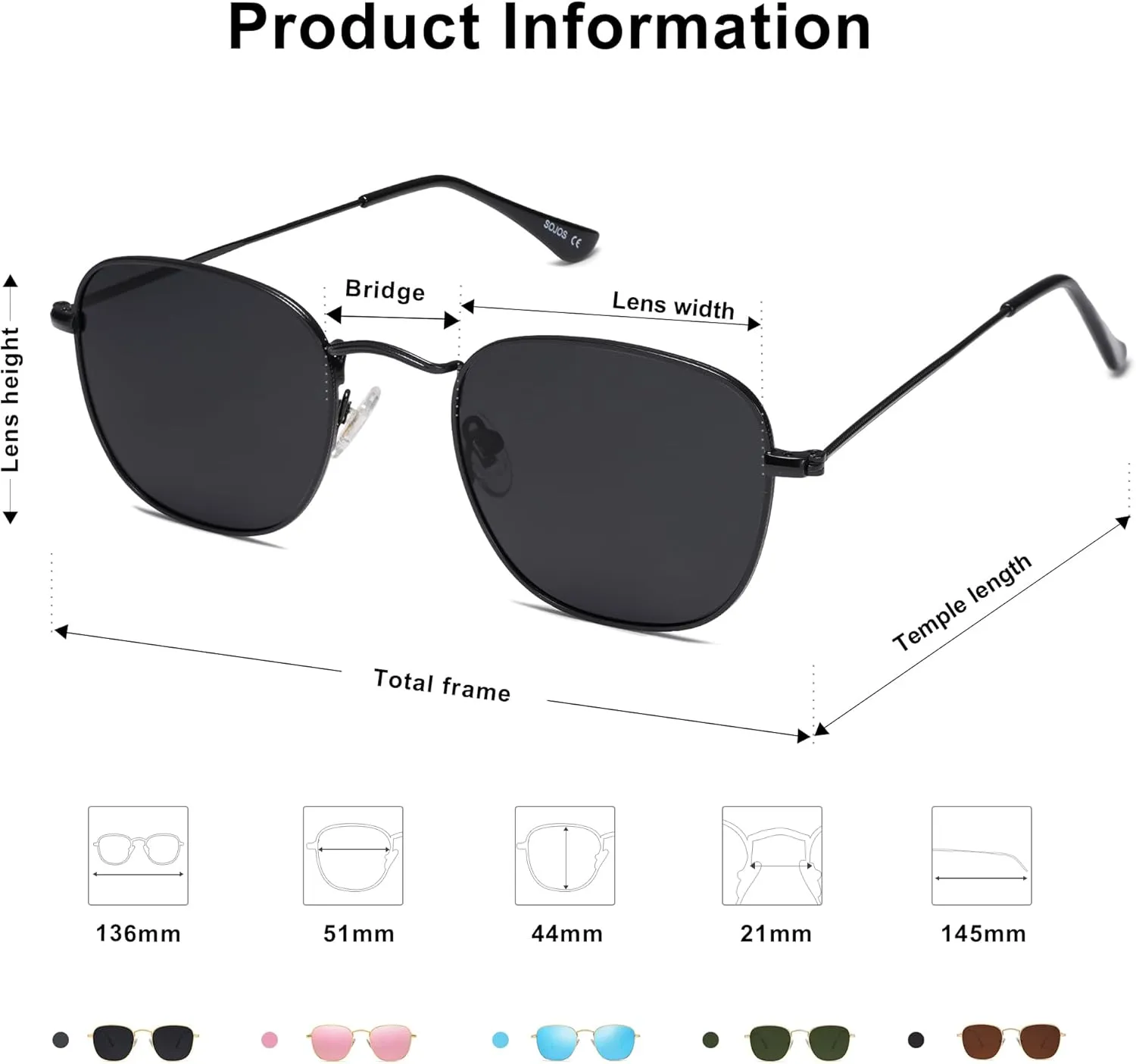 SOJOS Square Polarized Sunglasses for Men Women Classic Vintage Retro Style