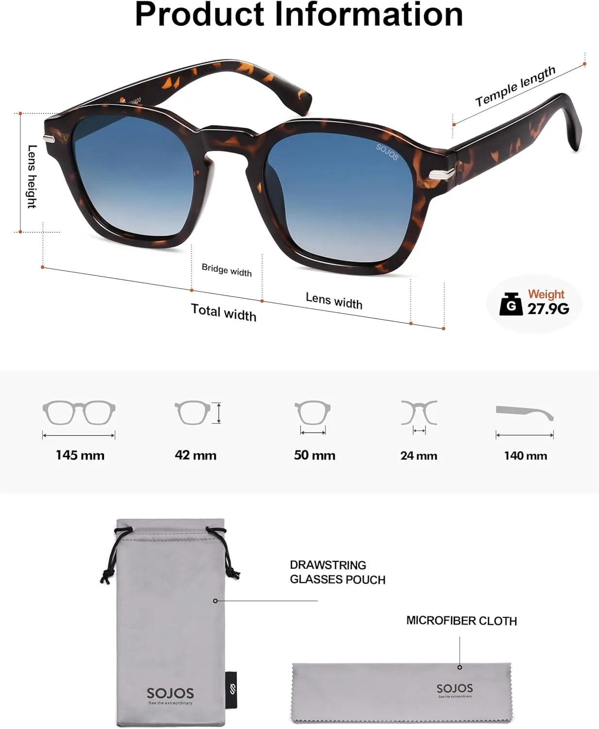 SOJOS Vintage Retro Square Polarized Sunglasses Men Trendy Womens Sun Glasses SJ2382