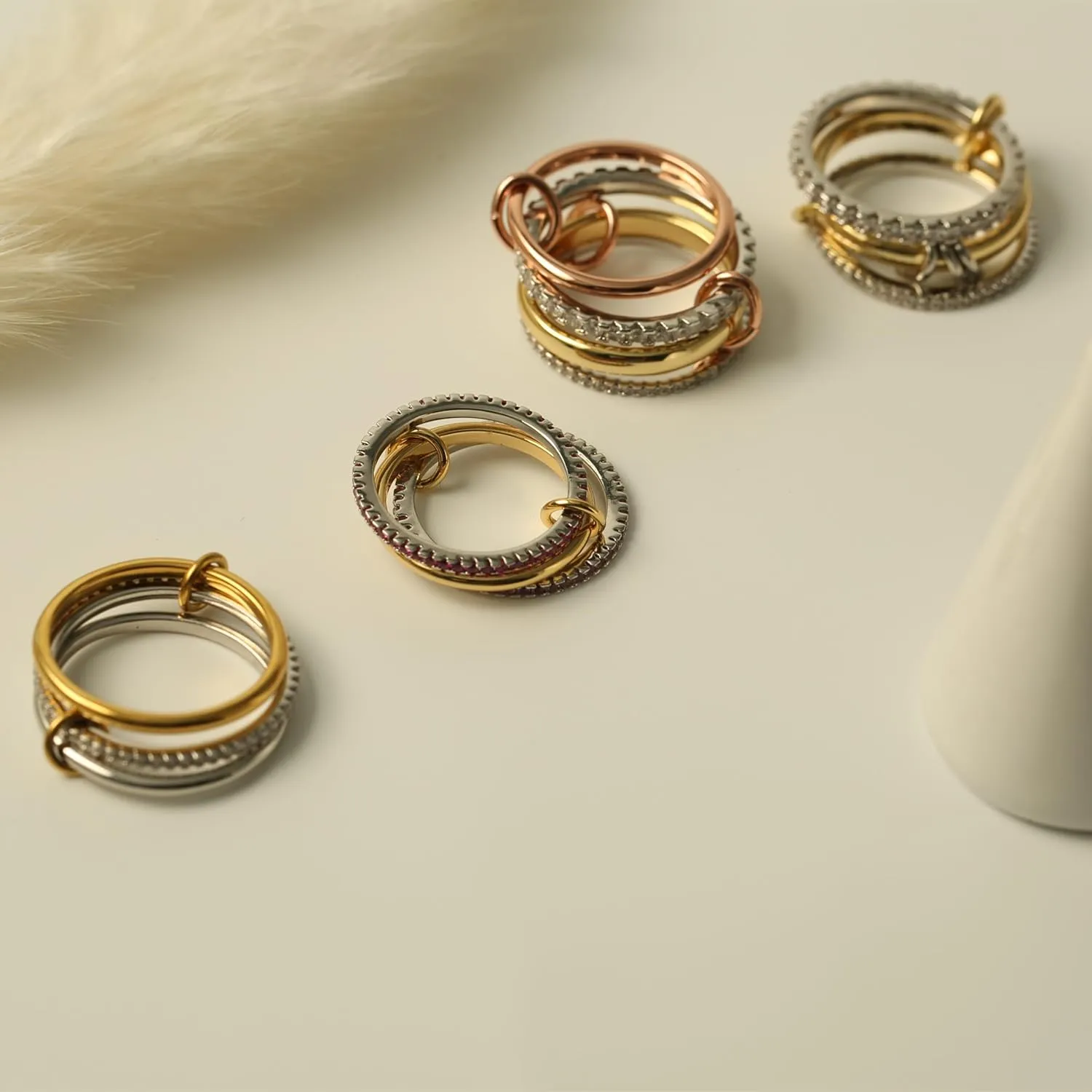 Stackable Rings for Women, Multicolored Connected Ring Set, Gold Silver Multi-Link Connected Ring, Stackable Cubic Zirconia Rings Set