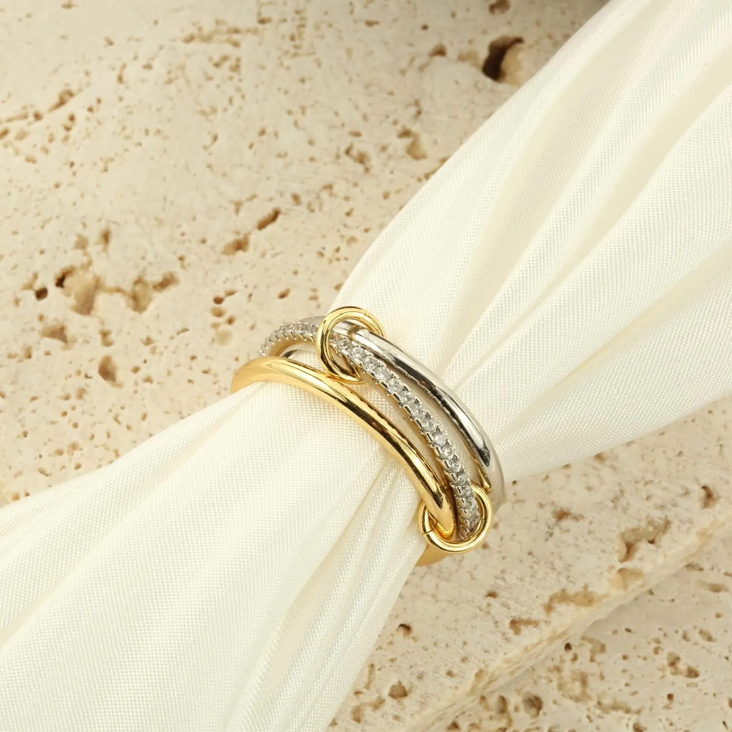 Stackable Rings for Women, Multicolored Connected Ring Set, Gold Silver Multi-Link Connected Ring, Stackable Cubic Zirconia Rings Set