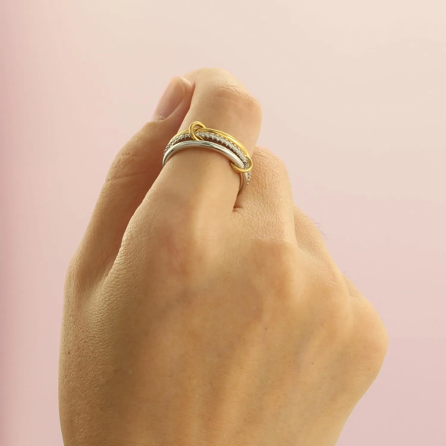 Stackable Rings for Women, Multicolored Connected Ring Set, Gold Silver Multi-Link Connected Ring, Stackable Cubic Zirconia Rings Set