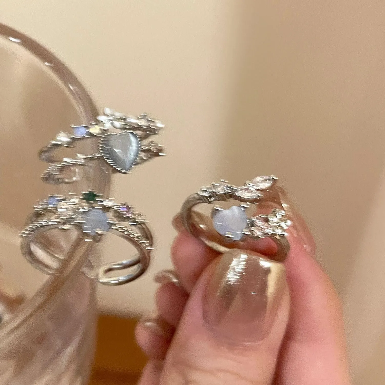 Stackable Rings for Women Trendy Dainty Silver Plated Cubic Zirconia 3 Rings Set Statement Blue Heart-Shaped Love Friendship Promise Engagement Rings Size Adjustable