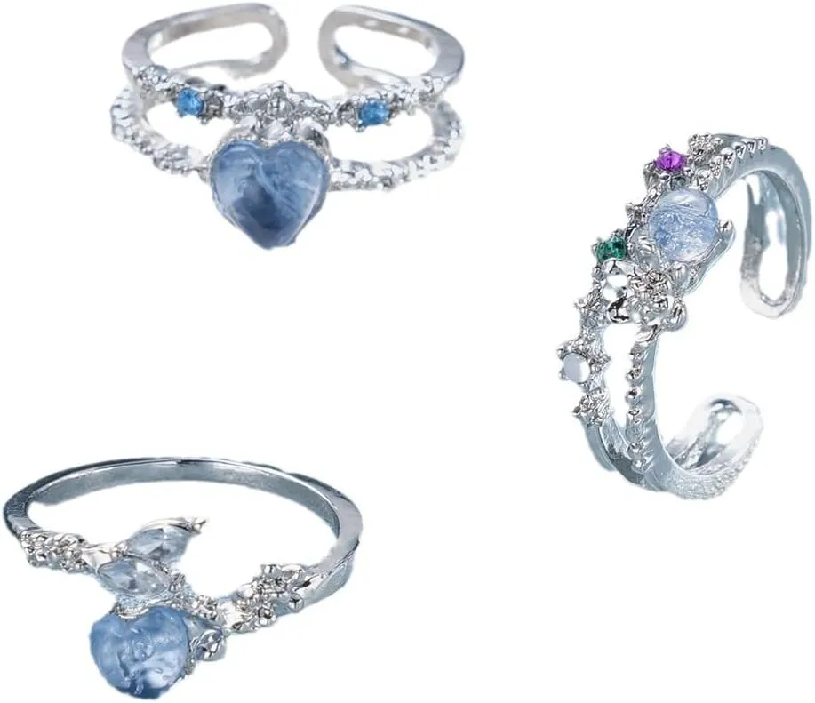 Stackable Rings for Women Trendy Dainty Silver Plated Cubic Zirconia 3 Rings Set Statement Blue Heart-Shaped Love Friendship Promise Engagement Rings Size Adjustable