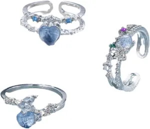 Stackable Rings for Women Trendy Dainty Silver Plated Cubic Zirconia 3 Rings Set Statement Blue Heart-Shaped Love Friendship Promise Engagement Rings Size Adjustable