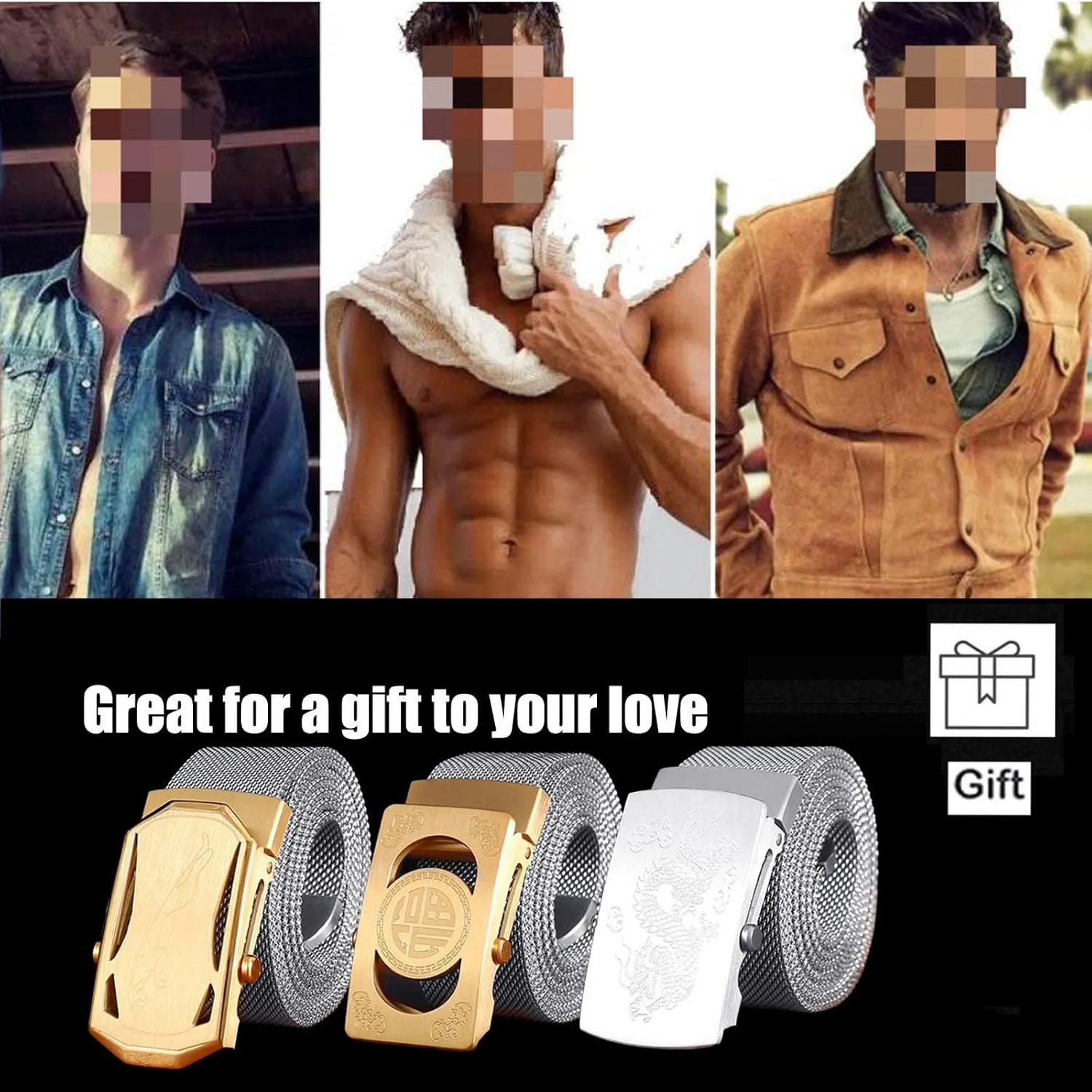 Stainless Steel Belt Men, Not Leather Metal Braided Belts for Men Automatic Buckle with Animal Engravings