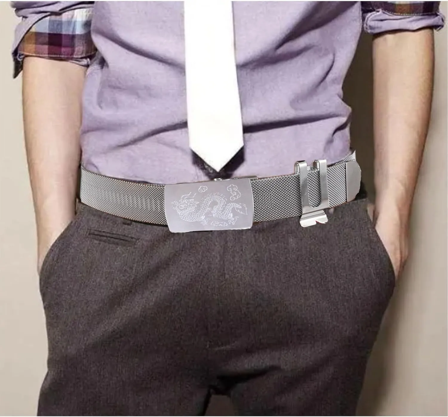 Stainless Steel Belt Men, Not Leather Metal Braided Belts for Men Automatic Buckle with Animal Engravings