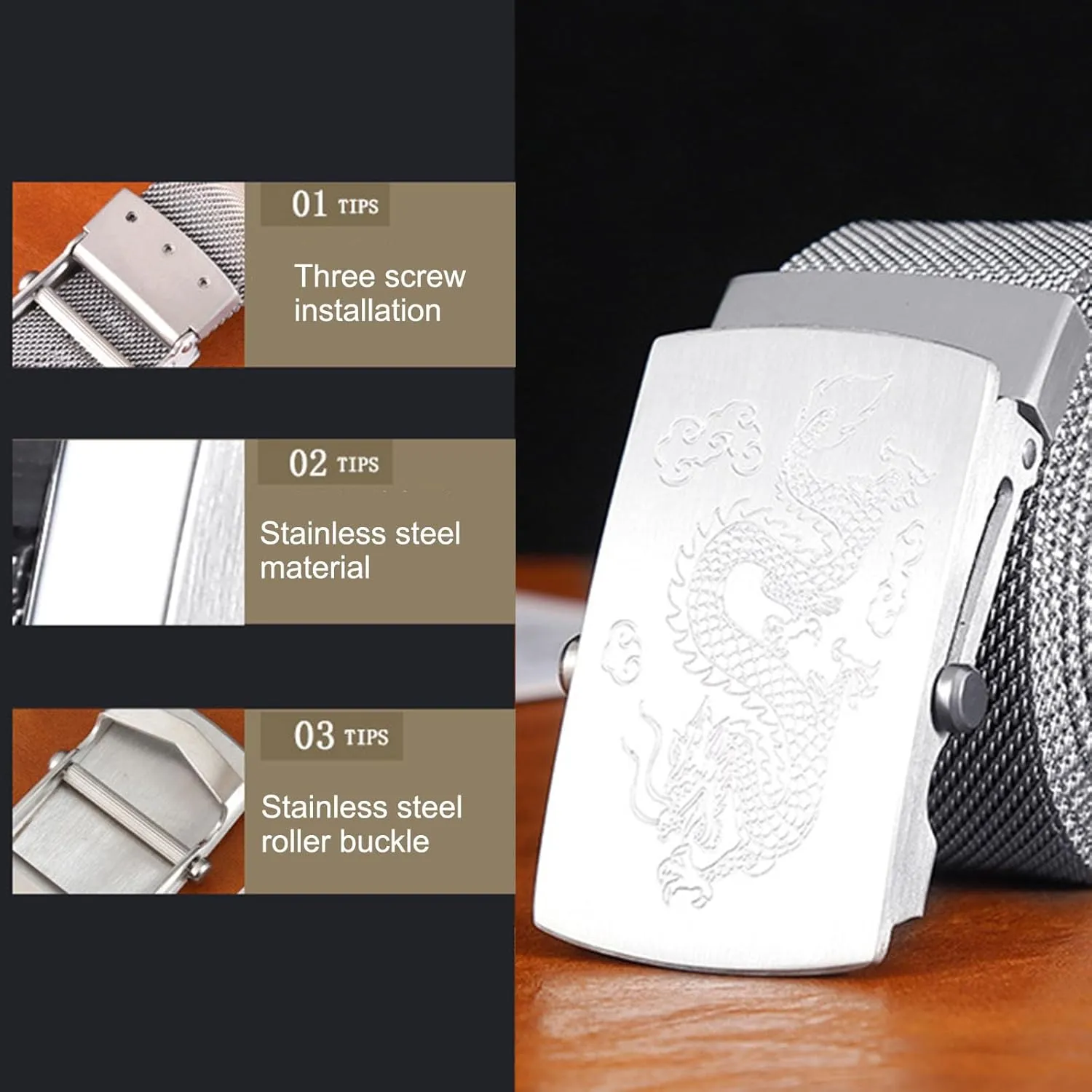 Stainless Steel Belt Men, Not Leather Metal Braided Belts for Men Automatic Buckle with Animal Engravings