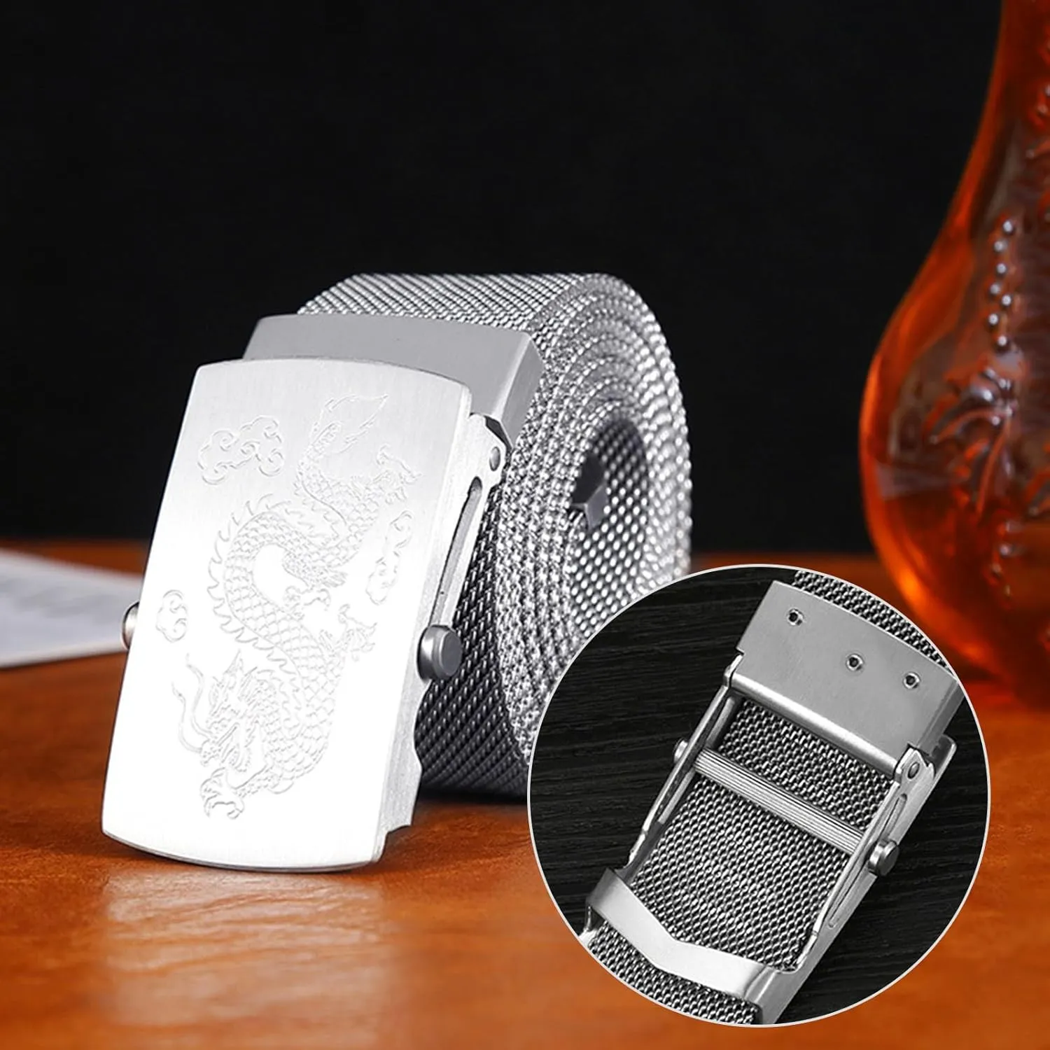 Stainless Steel Belt Men, Not Leather Metal Braided Belts for Men Automatic Buckle with Animal Engravings