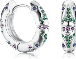 Sterling Silver CZ Chunky Hoop Earrings White Gold Plated 925 Huggie Hoop Earrings For Women Minimalist Colorful Cubic Zirconia Huggie Earrings (Silver)