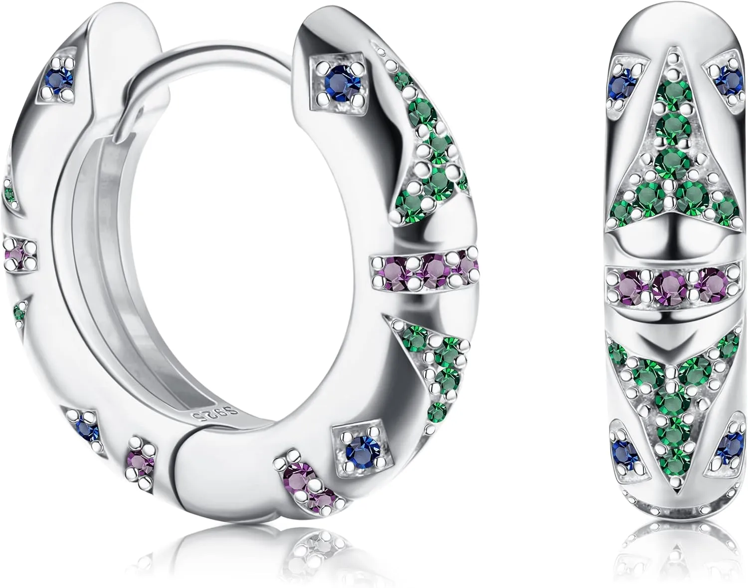 Sterling Silver CZ Chunky Hoop Earrings White Gold Plated 925 Huggie Hoop Earrings For Women Minimalist Colorful Cubic Zirconia Huggie Earrings (Silver)