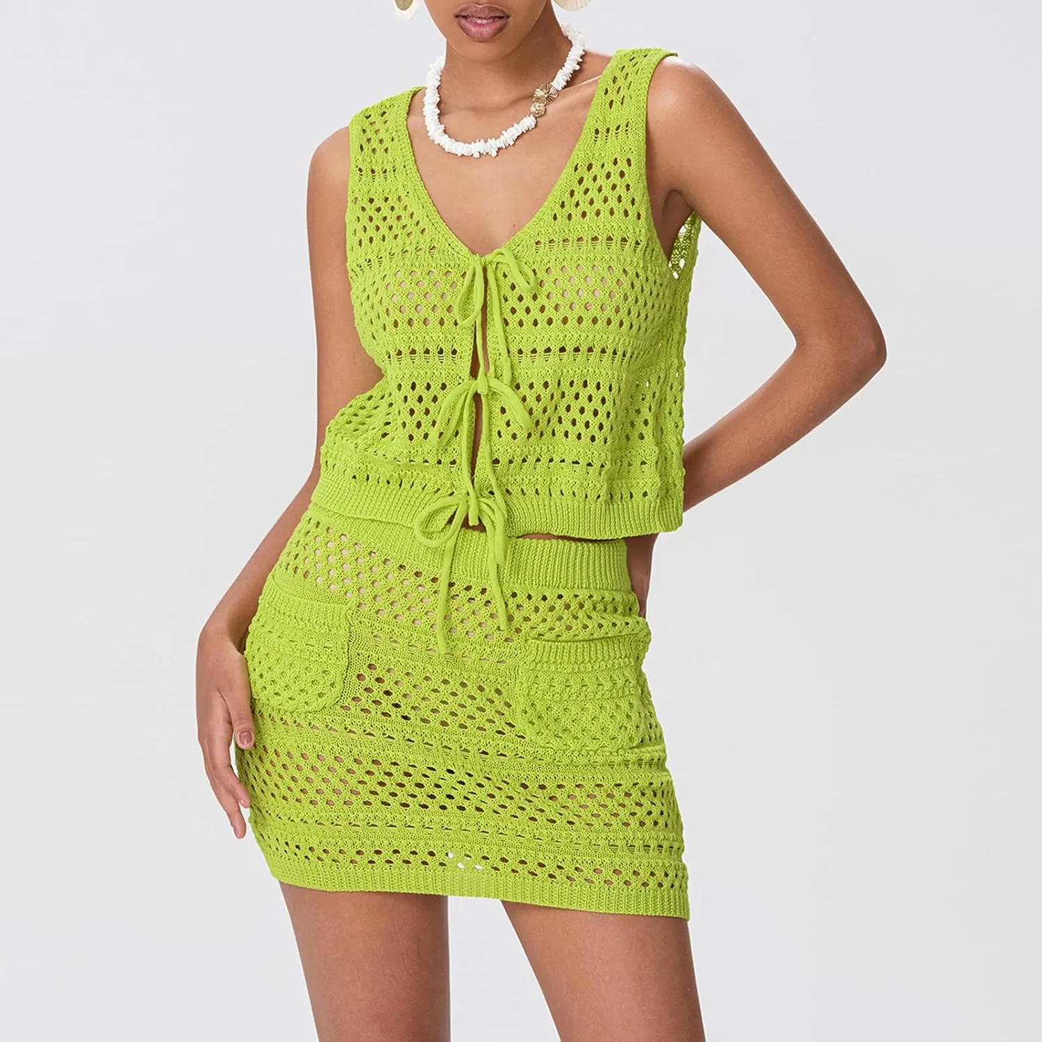 Thopavenoir Women Crochet Knit 2 Piece Outfits Tie Front Hollow Out Vest High Waist Bodycon Skirt Sets Y2k Bikini Cover Up