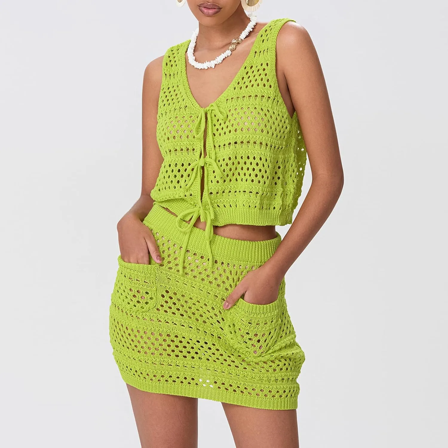 Thopavenoir Women Crochet Knit 2 Piece Outfits Tie Front Hollow Out Vest High Waist Bodycon Skirt Sets Y2k Bikini Cover Up